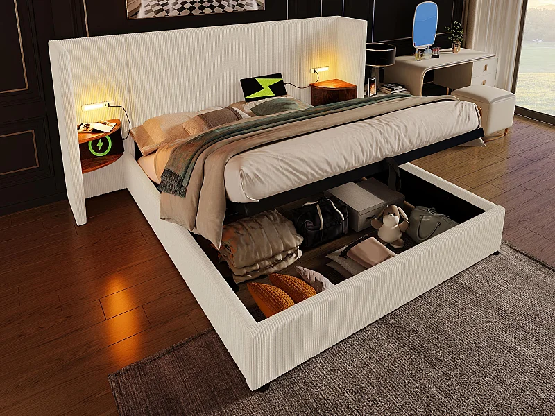 180 x 200 cm großes Stauraumbett aus Cord – 2 Nachttische mit Leselampe und Ladefunktion – mit Lattenrost – Beige