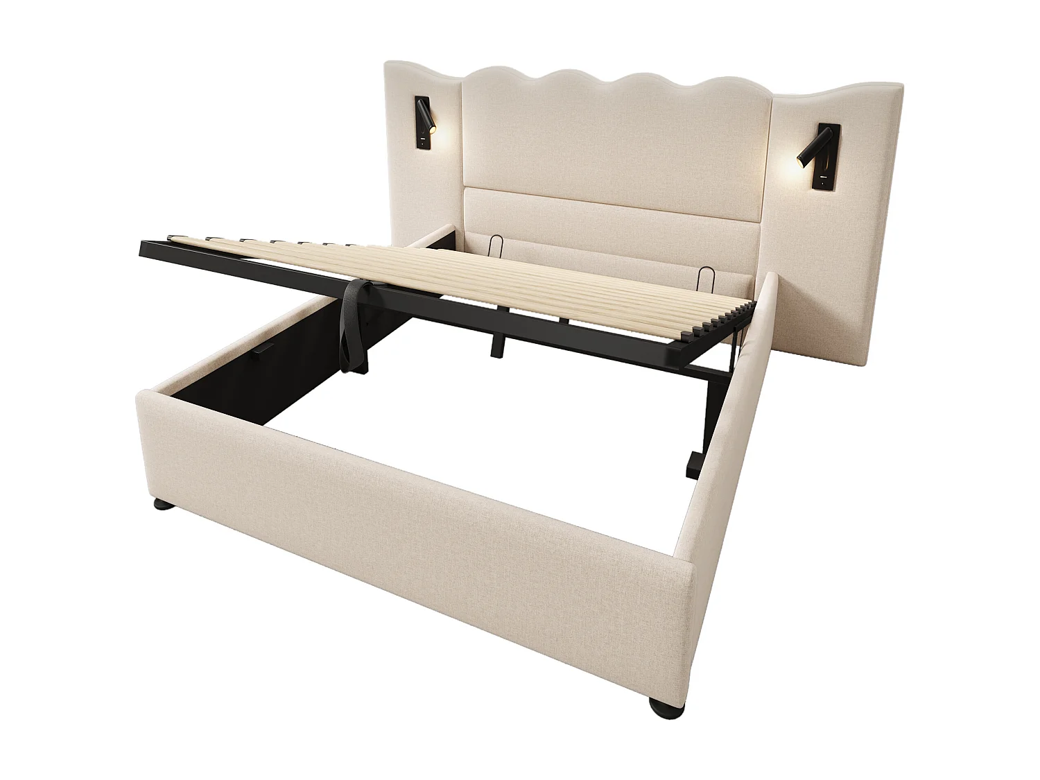 Cama de arrumação em linho 180x200cm - com luz de leitura e função de carregamento - com base de ripas - Bege