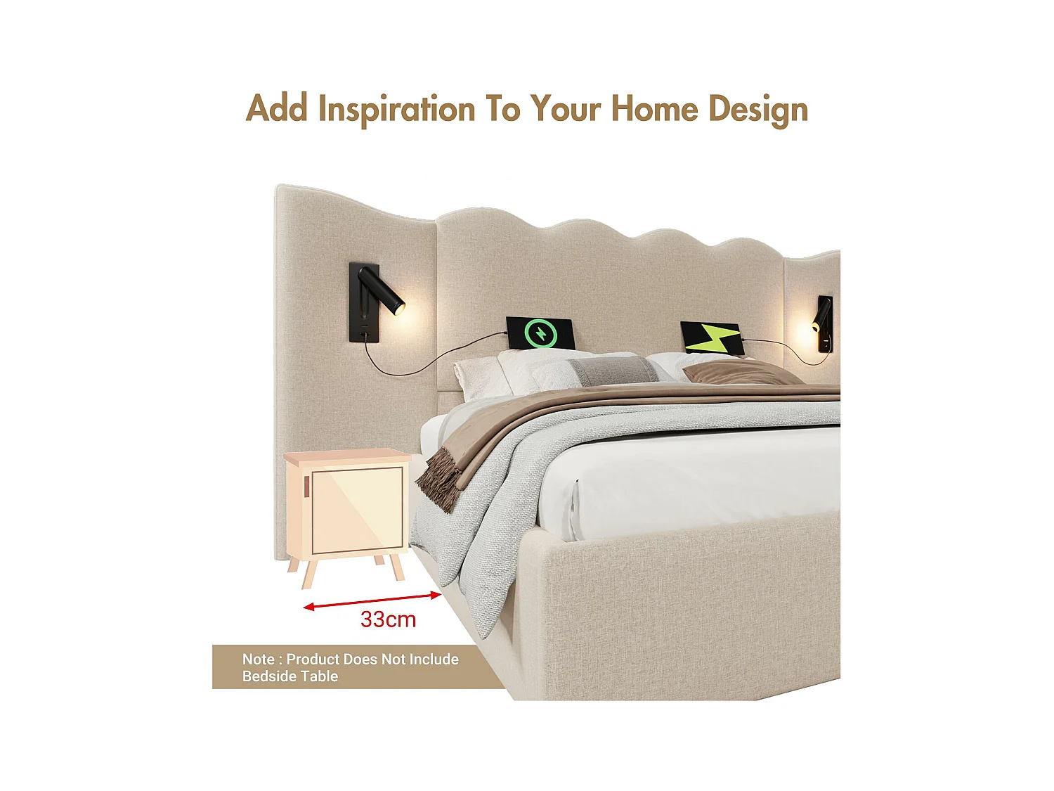 Linnenopbergbed 180x200cm - met leeslampje en laadfunctie - met lattenbodem - Beige