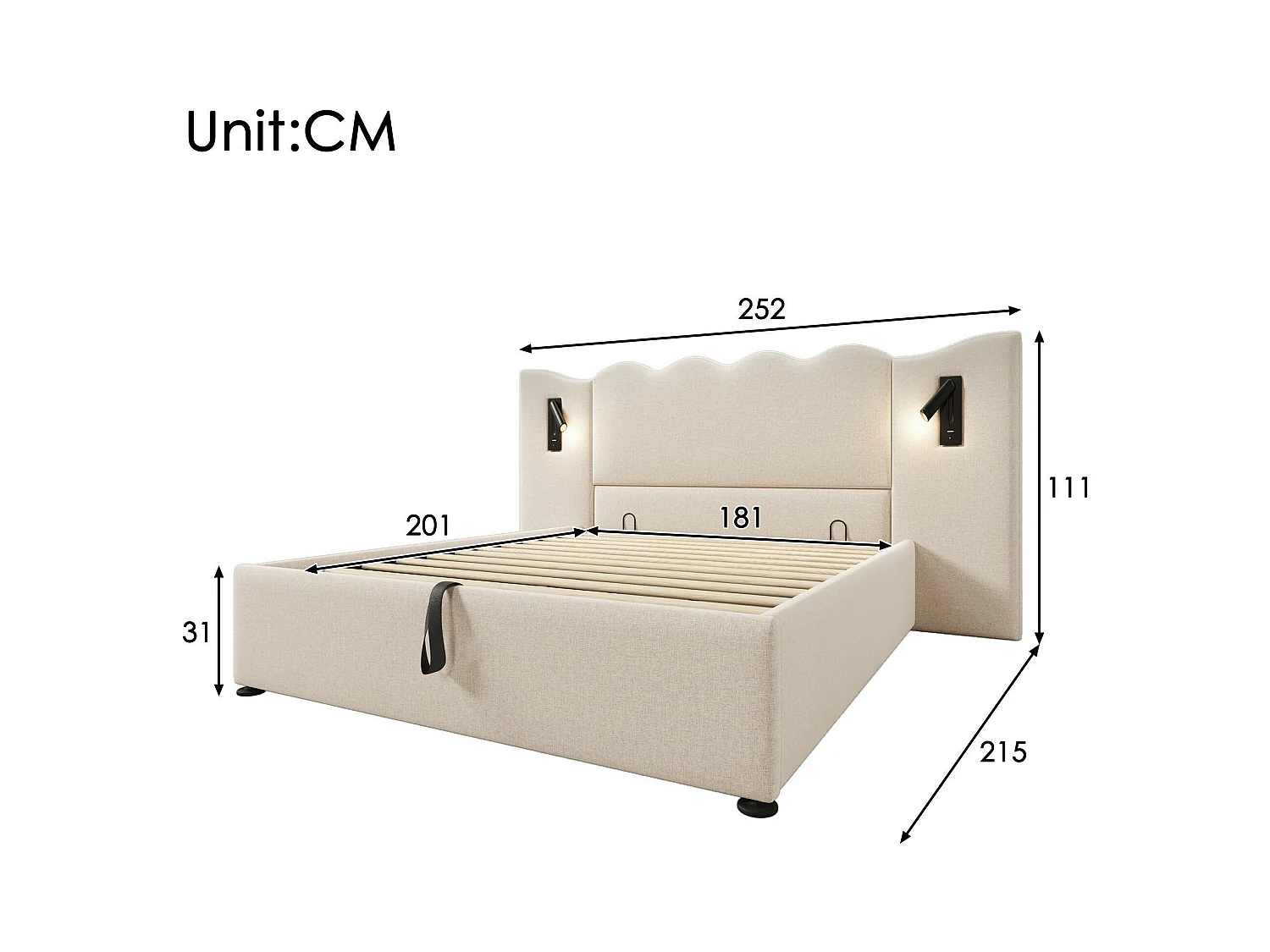 Linnenopbergbed 180x200cm - met leeslampje en laadfunctie - met lattenbodem - Beige