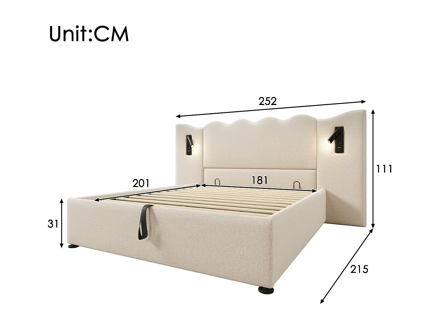 Lit de rangement 180x200cm en lin - avec liseuse et fonction chargement - avec sommier à lattes - Beige