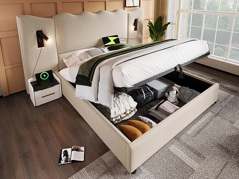 Letto contenitore biancheria 180x200cm - con luce di lettura e funzione di carico - con rete a doghe - Beige