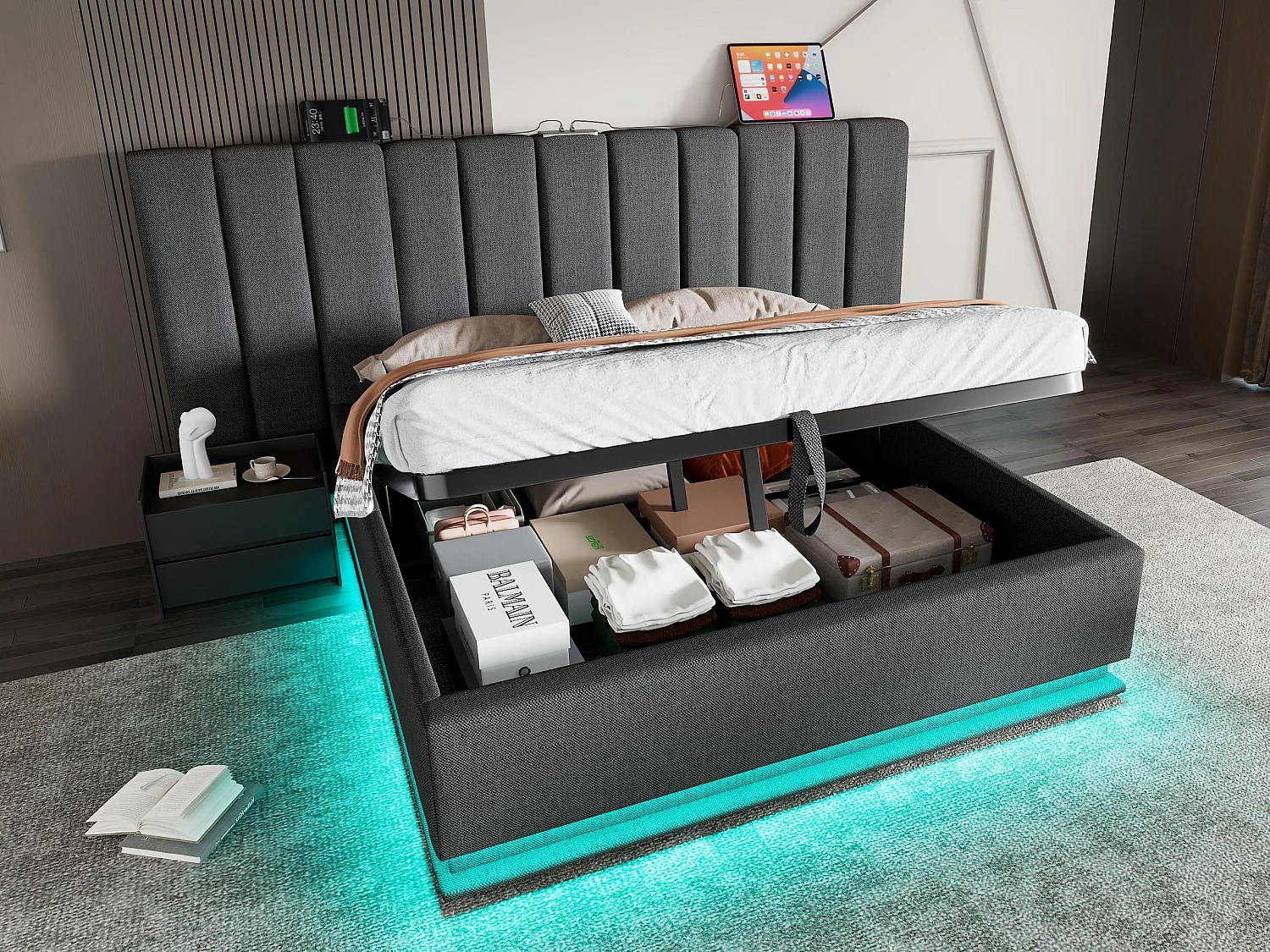 Lit coffre rembourré en lin 180×200cm - avec LED et chargements - avec sommier à lattes - Gris