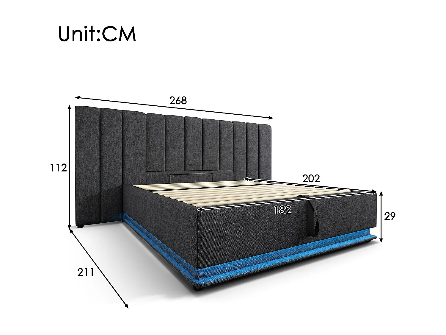 Lit coffre rembourré en lin 180×200cm - avec LED et chargements - avec sommier à lattes - Gris