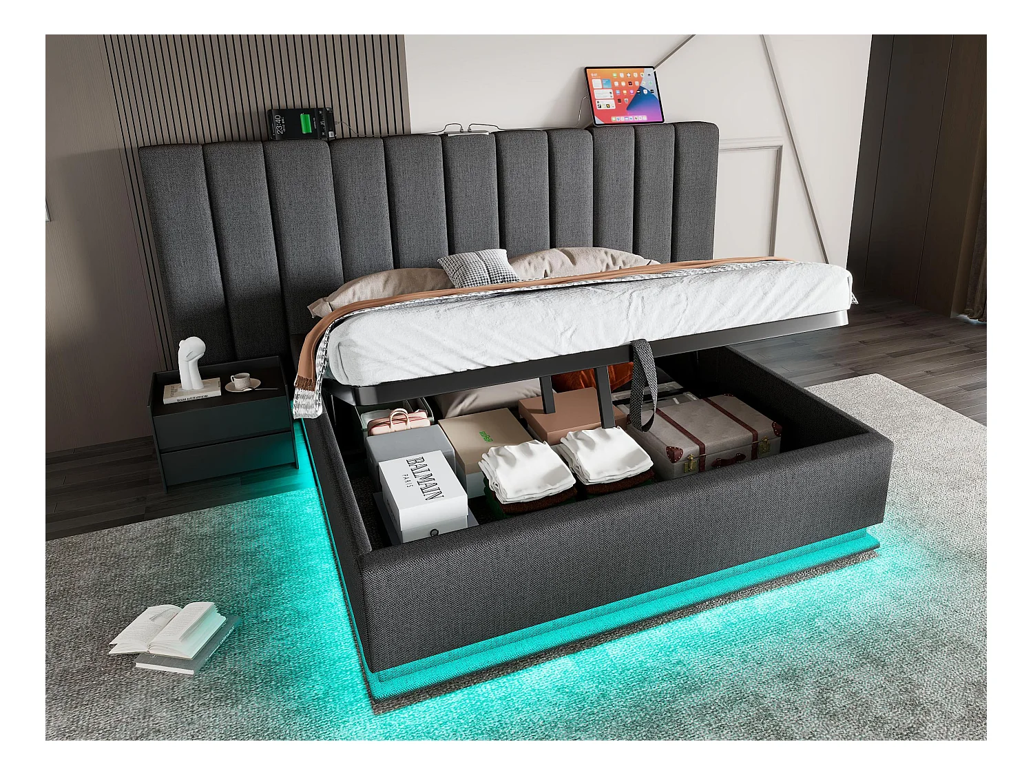 Łóżko tapicerowane z lnu 180×200cm - z LED i ładowaniem - z stelażem na listwach - Szare