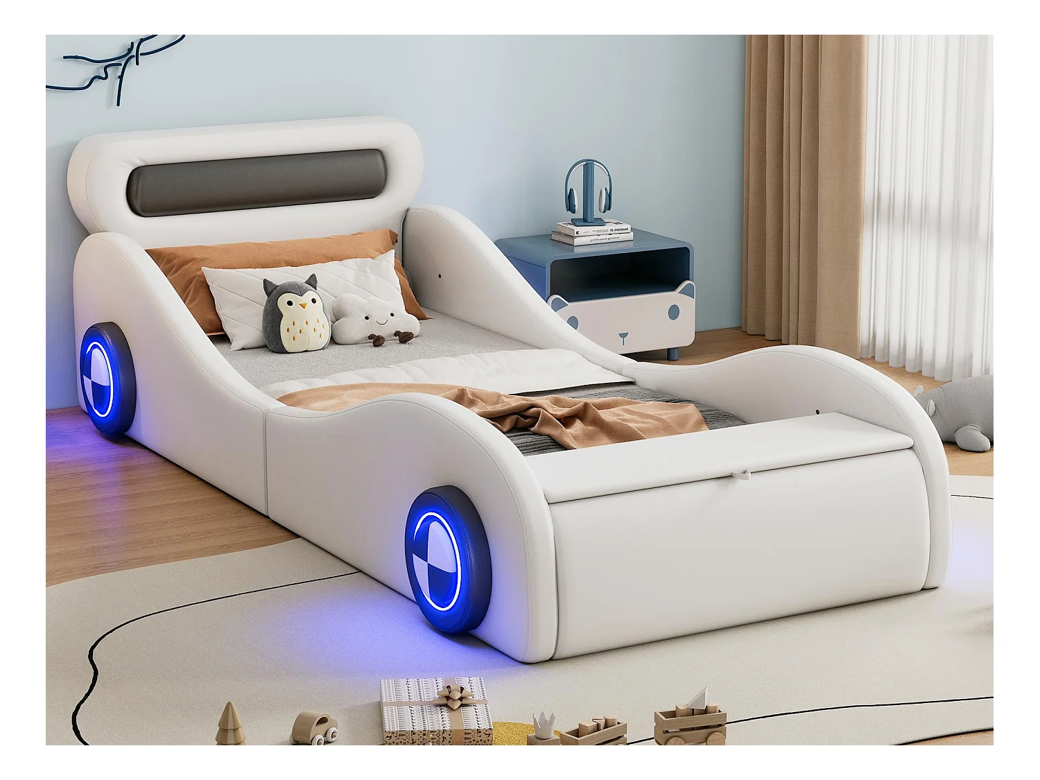 Lit enfant 90x200cm - lit rembourré en forme de voiture avec avec roues lumineuses - Blanc
