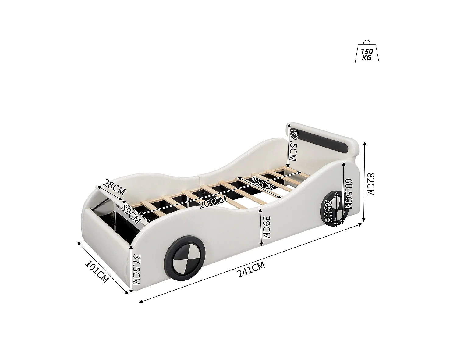 Lit enfant 90x200cm - lit rembourré en forme de voiture avec avec roues lumineuses - Blanc