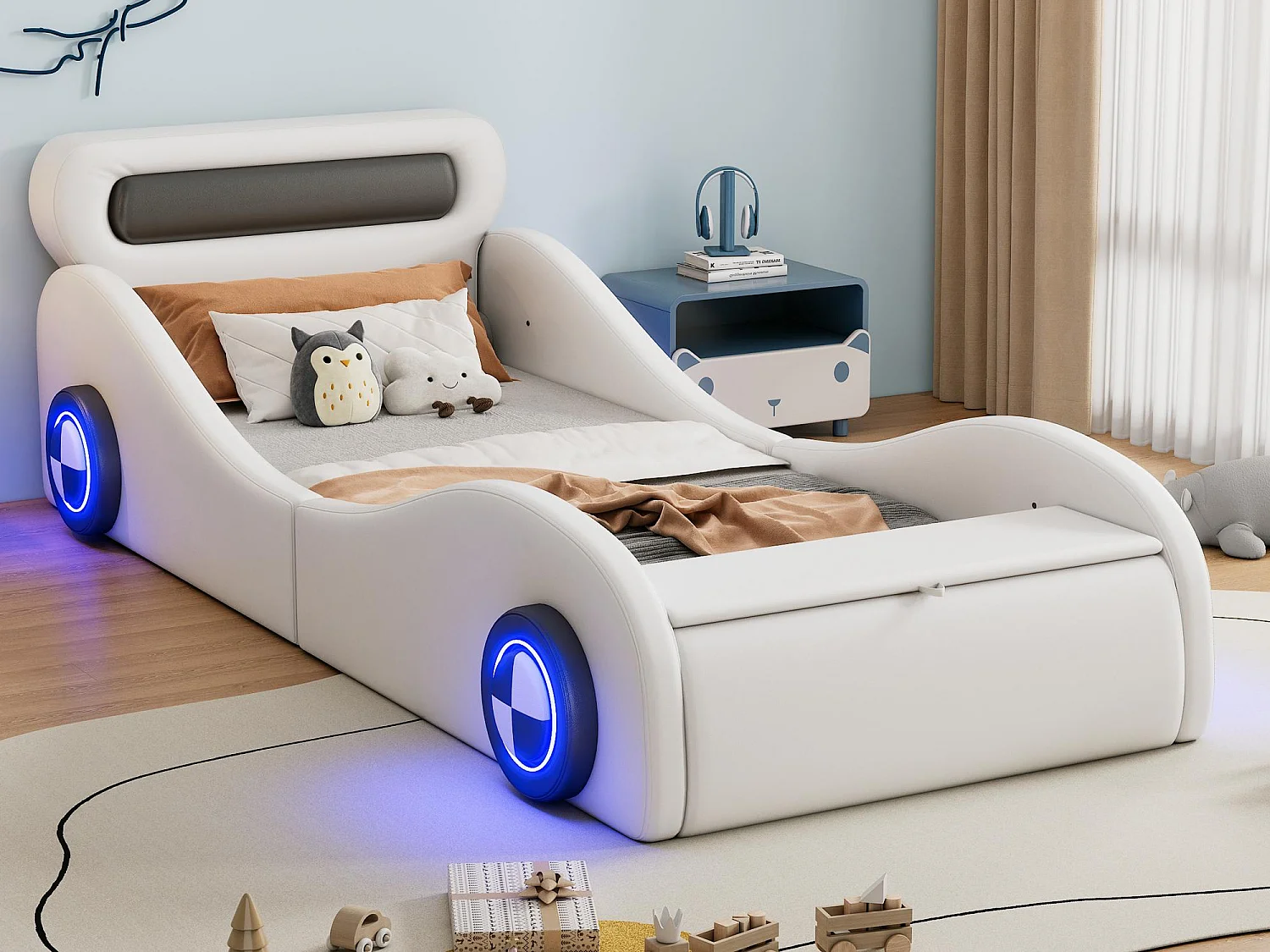 Kinderbed 90x200cm - gewatteerd autovormig bed met lichtgevende wielen - Wit