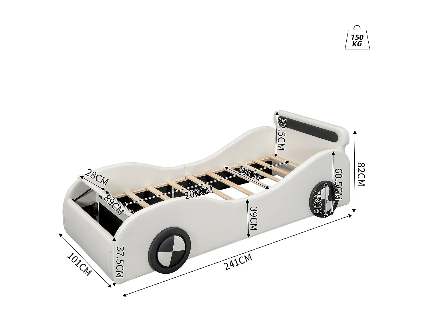 Kinderbed 90x200cm - gewatteerd autovormig bed met lichtgevende wielen - Wit