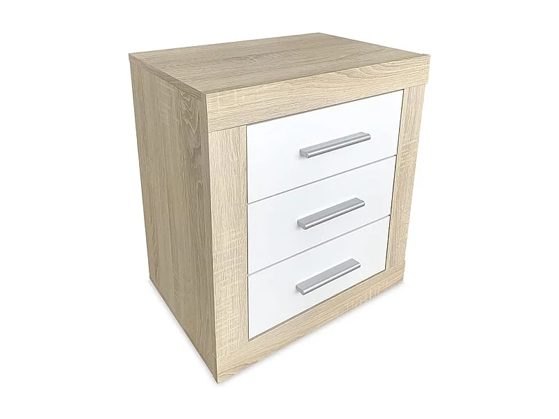 BricoExpo - Mesita de Noche, Mesilla de Dormitorio, Acabado en Color Cambria y Blanco, Medidas: 50 cm (Largo) x 34,6 cm (Fondo) x 60 cm (Alto)