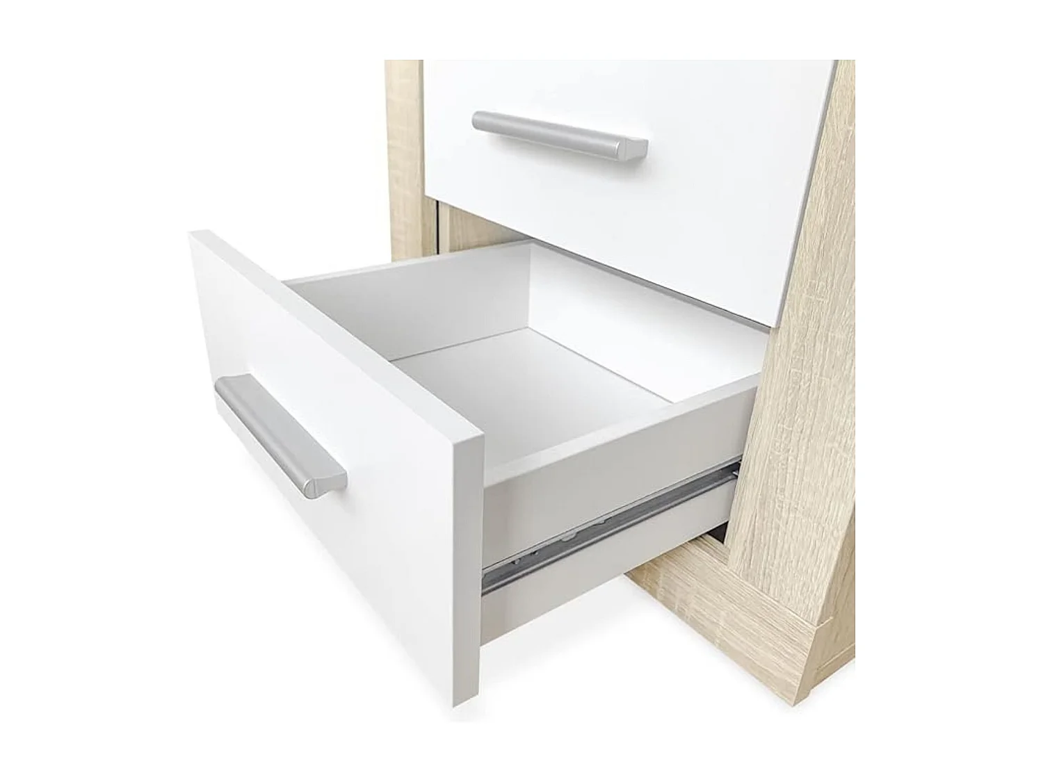 BricoExpo - Mesita de Noche, Mesilla de Dormitorio, Acabado en Color Cambria y Blanco, Medidas: 50 cm (Largo) x 34,6 cm (Fondo) x 60 cm (Alto)