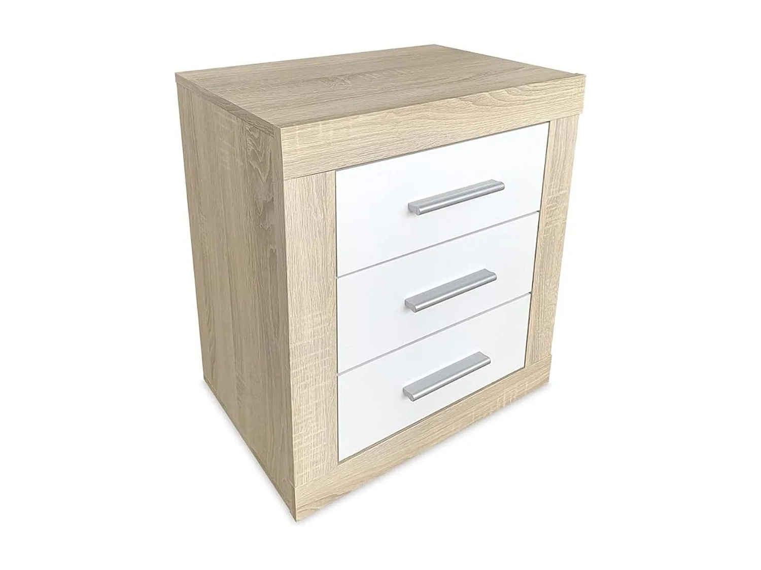 BricoExpo - Mesita de Noche, Mesilla de Dormitorio, Acabado en Color Cambria y Blanco, Medidas: 50 cm (Largo) x 34,6 cm (Fondo) x 60 cm (Alto)