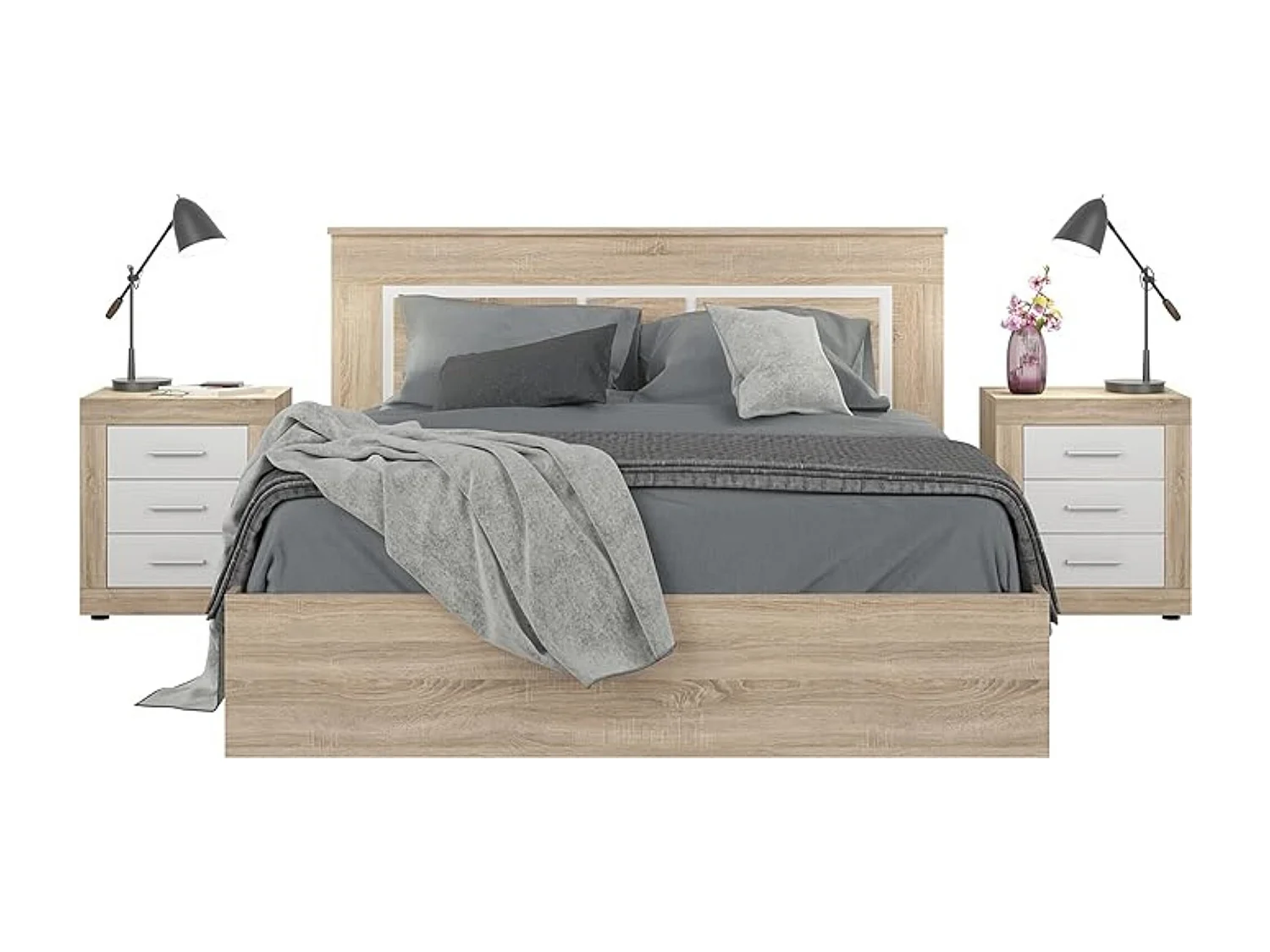 BricoExpo - Mesita de Noche, Mesilla de Dormitorio, Acabado en Color Cambria y Blanco, Medidas: 50 cm (Largo) x 34,6 cm (Fondo) x 60 cm (Alto)