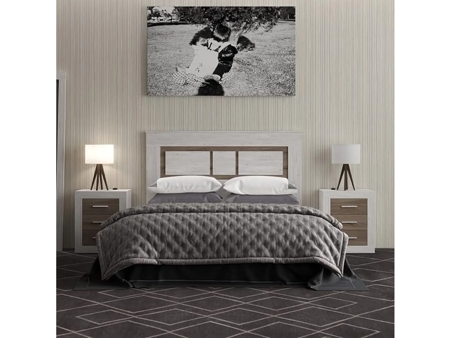 Meyvaser - Mesita de Noche, Mesilla de Dormitorio, Color Pino y Gris, Medidas: 50 cm (Largo) x 34,6 cm (Fondo) x 60 cm (Alto)