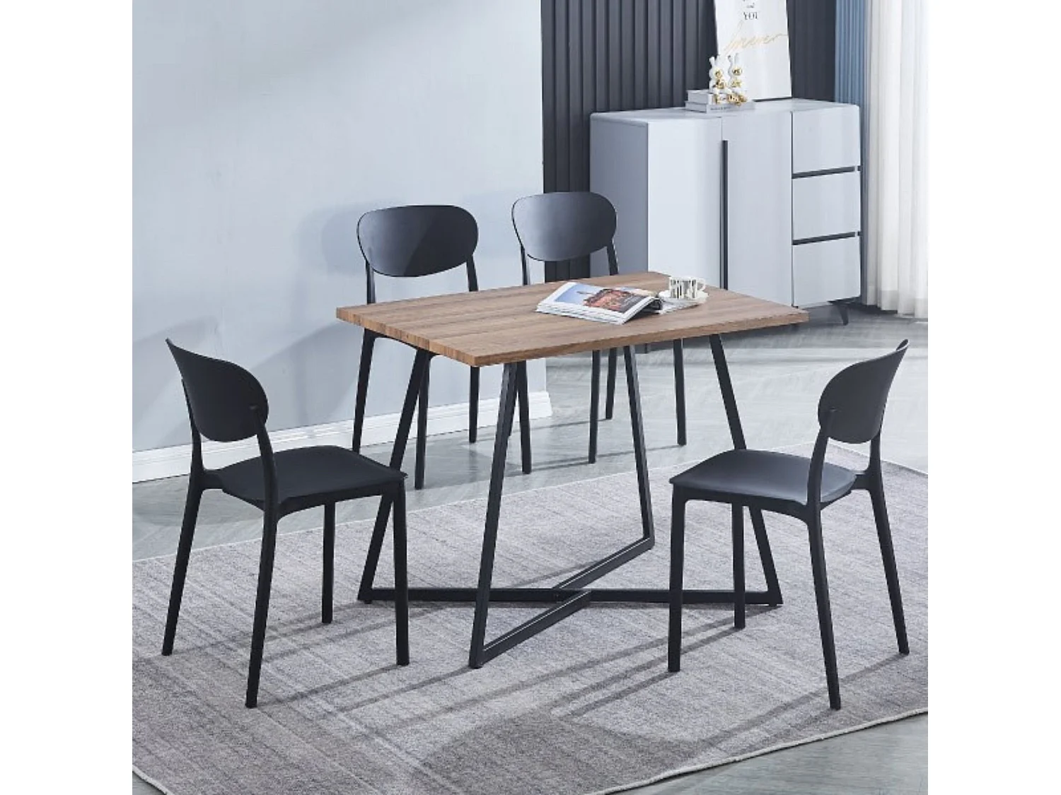 Conjunto Mesa y Sillas Comedor/Cocina: Mesa madera y Patas Metálicas En Negro (76x100x70 Cm) + 5 Sillas de Polipropileno Negro  (80x40x55 Cm ) – Para