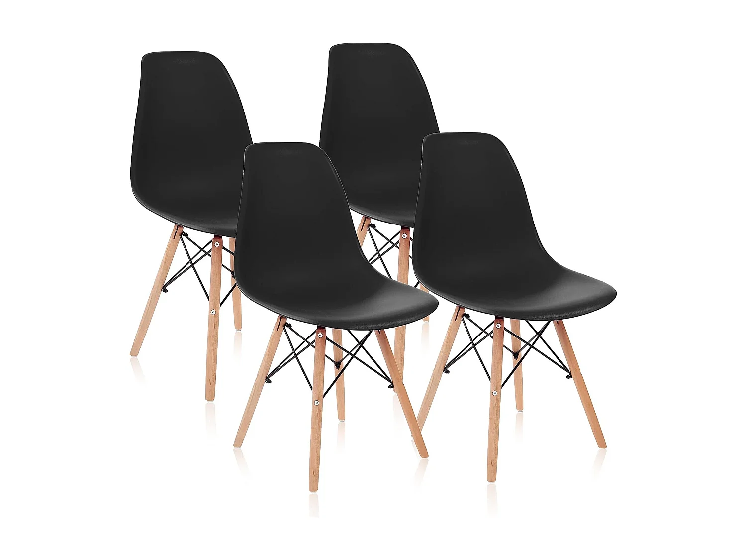 Conjunto Mesa y Sillas Nórdicas: Mesa Negra (80x80x76 cm) + 4 Sillas de Polipropileno Negro con Patas de Madera Haya (46,5 x 48 x 82 cm) – Para Comedo