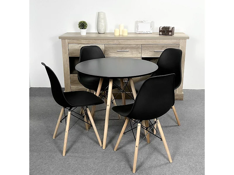 Conjunto Mesa y Sillas Nórdicas: Mesa Negra (80x80x76 cm) + 4 Sillas de Polipropileno Negro con Patas de Madera Haya (46,5 x 48 x 82 cm) – Para Comedo