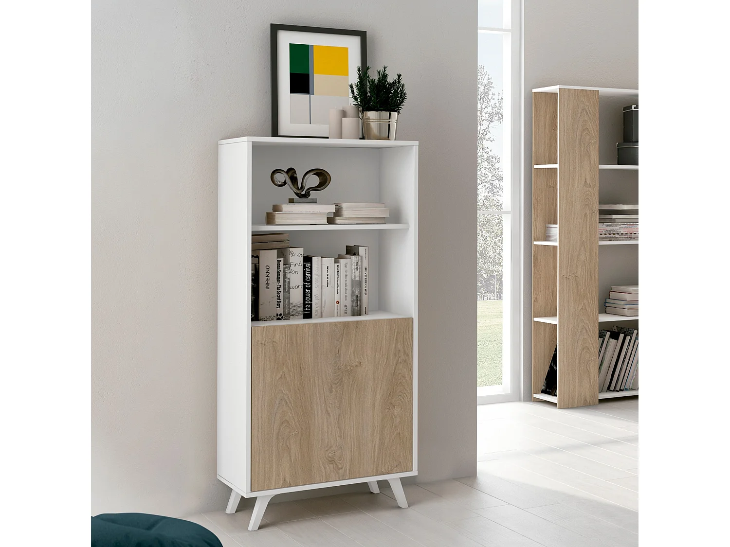 Mueble Bar para Salón o Comedor, Aparador de Cocina, Color Blanco-Roble, Medidas: 60 cm (Ancho) x 135 cm (Alto) x 40 cm (Fondo) – Meyvaser