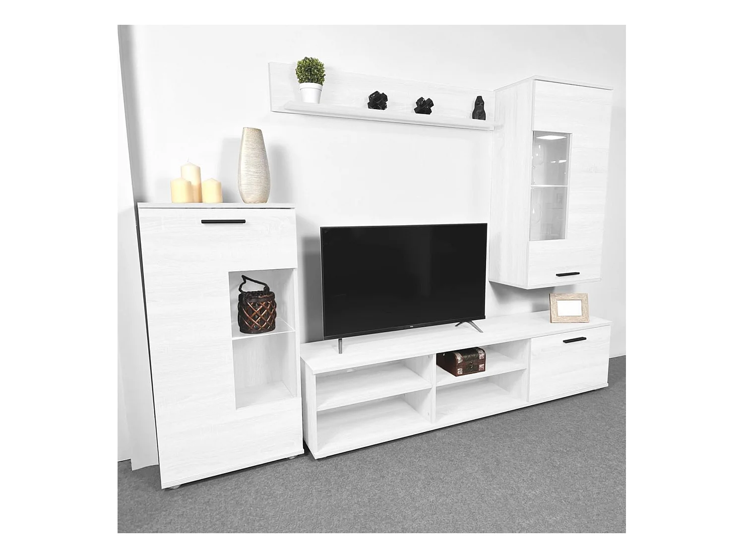 Mueble de Salón Moderno con Leds, Módulos de Comedor, Acabado en Andersen, Medidas: 229 cm (Ancho) x 200 cm (Alto) 38 cm (Fondo) - Meyvaser