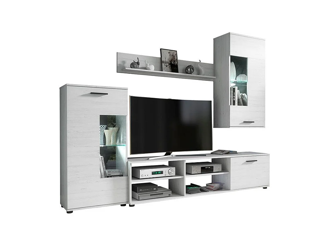 Mueble de Salón Moderno con Leds, Módulos de Comedor, Acabado en Andersen, Medidas: 229 cm (Ancho) x 200 cm (Alto) 38 cm (Fondo) - Meyvaser