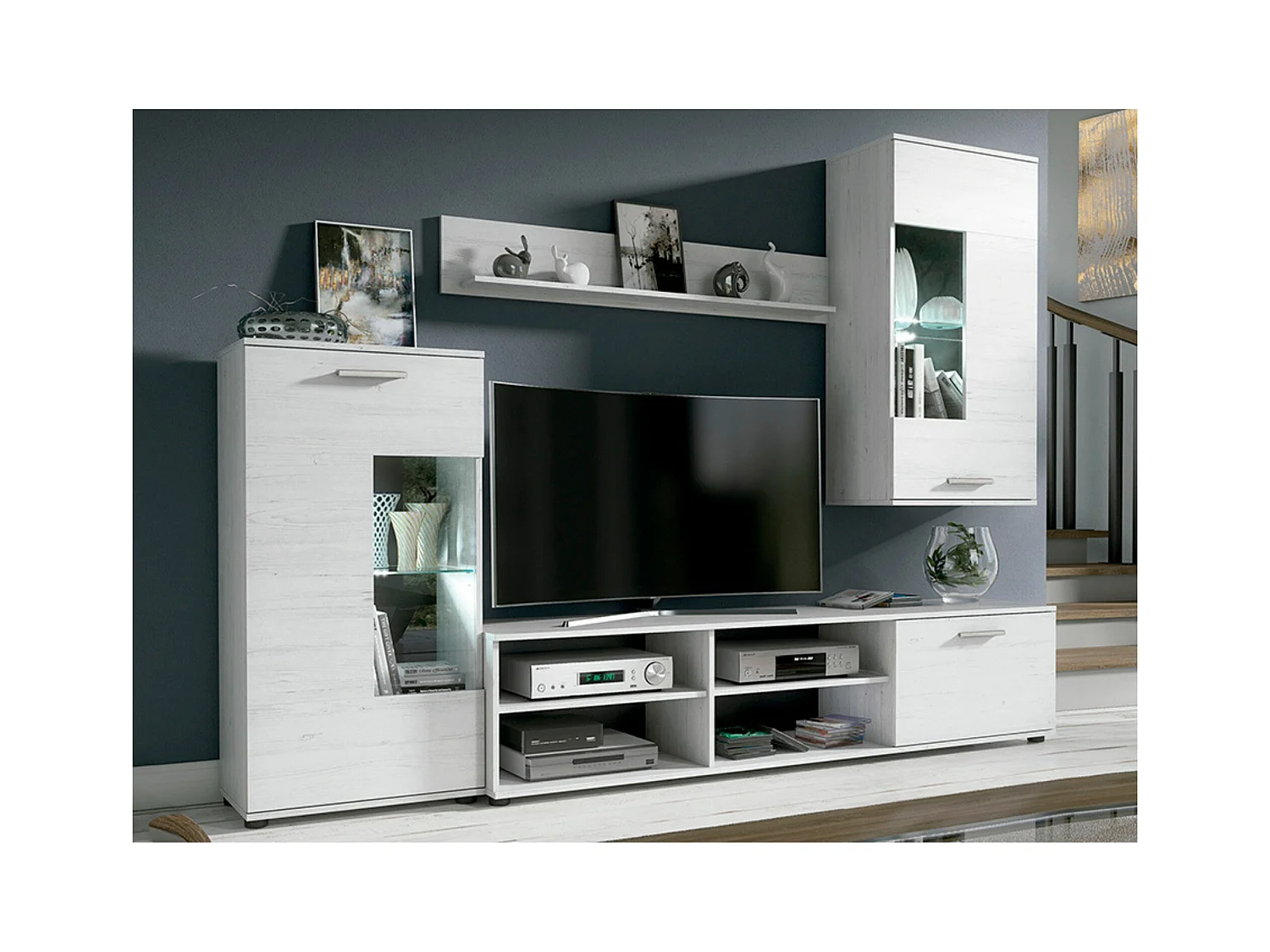 Mueble de Salón Moderno con Leds, Módulos de Comedor, Acabado en Andersen, Medidas: 229 cm (Ancho) x 200 cm (Alto) 38 cm (Fondo) - Meyvaser