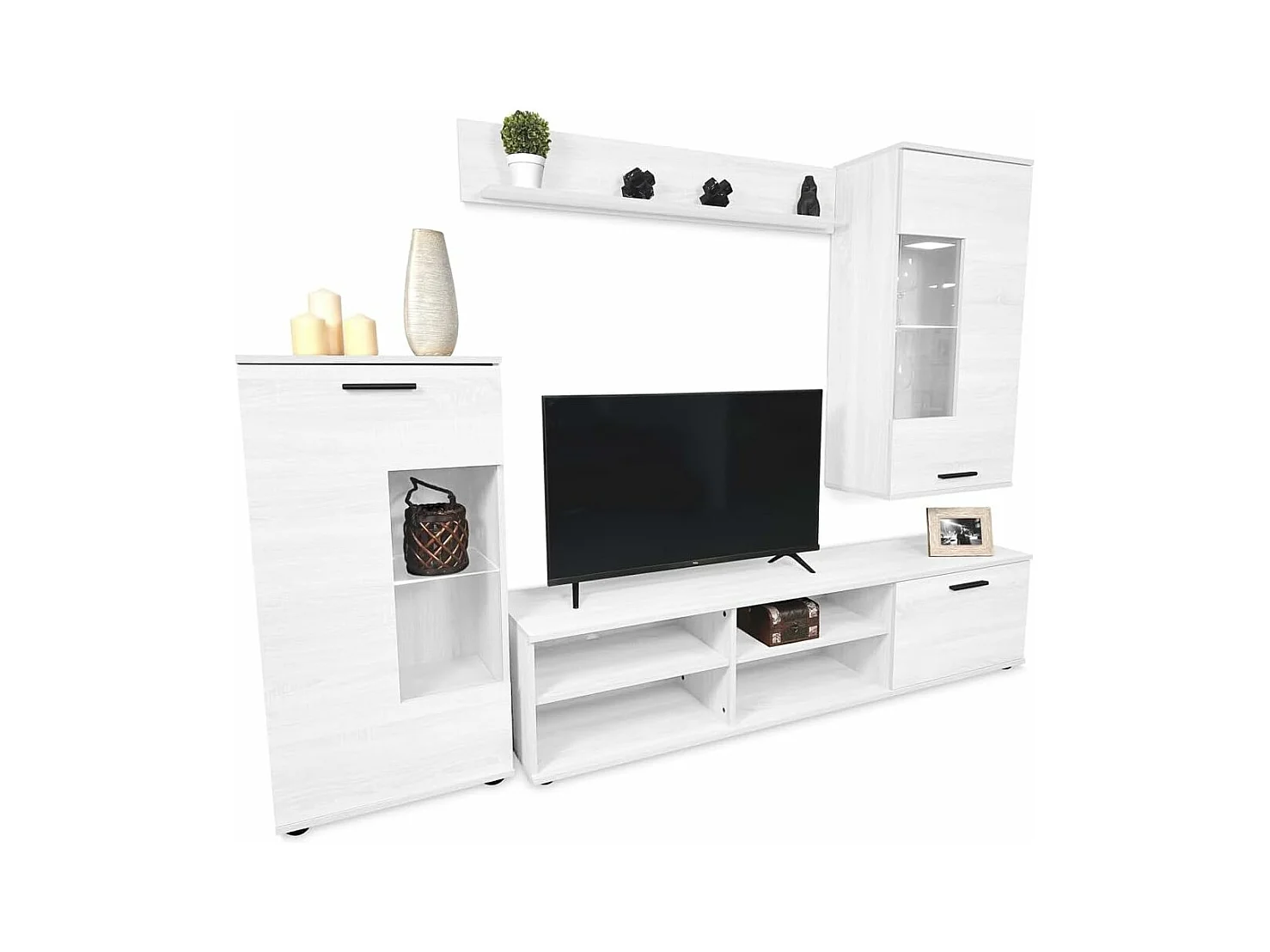 Mueble de Salón Moderno con Leds, Módulos de Comedor, Acabado en Andersen, Medidas: 229 cm (Ancho) x 200 cm (Alto) 38 cm (Fondo) - Meyvaser