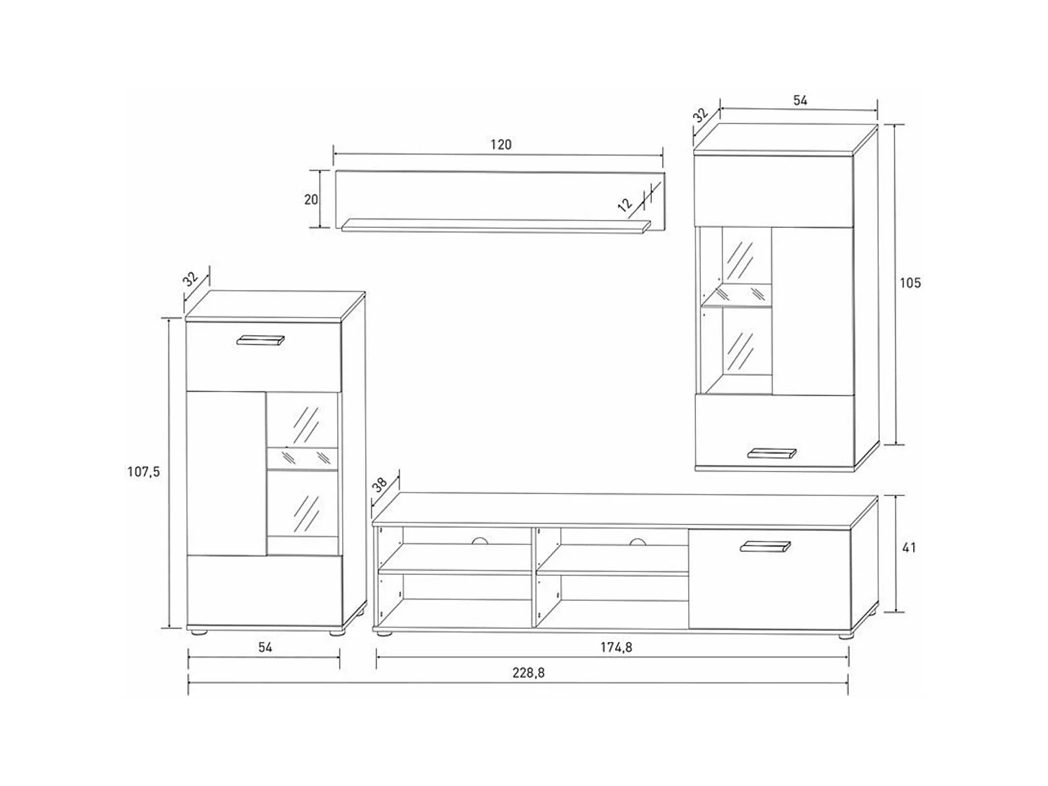 Mueble de Salón Moderno con Leds, Módulos de Comedor, Acabado en Andersen, Medidas: 229 cm (Ancho) x 200 cm (Alto) 38 cm (Fondo) - Meyvaser