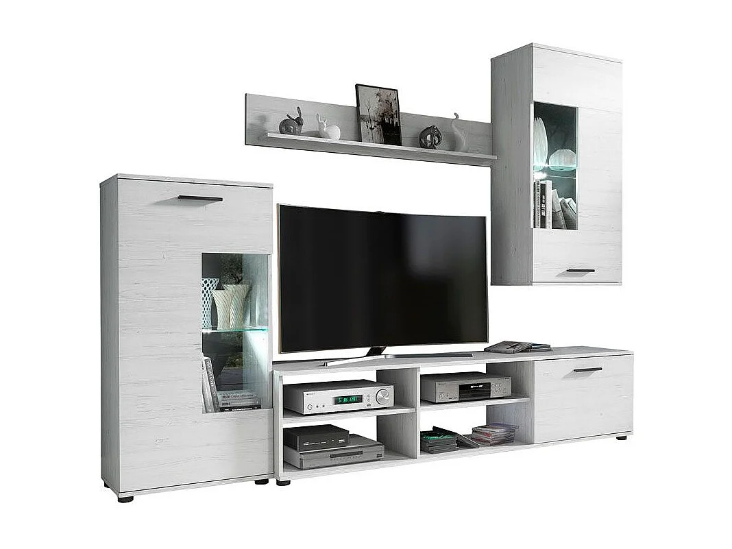 Mueble de Salón Moderno con Leds, Módulos de Comedor, Acabado en Andersen, Medidas: 229 cm (Ancho) x 200 cm (Alto) 38 cm (Fondo) - Meyvaser