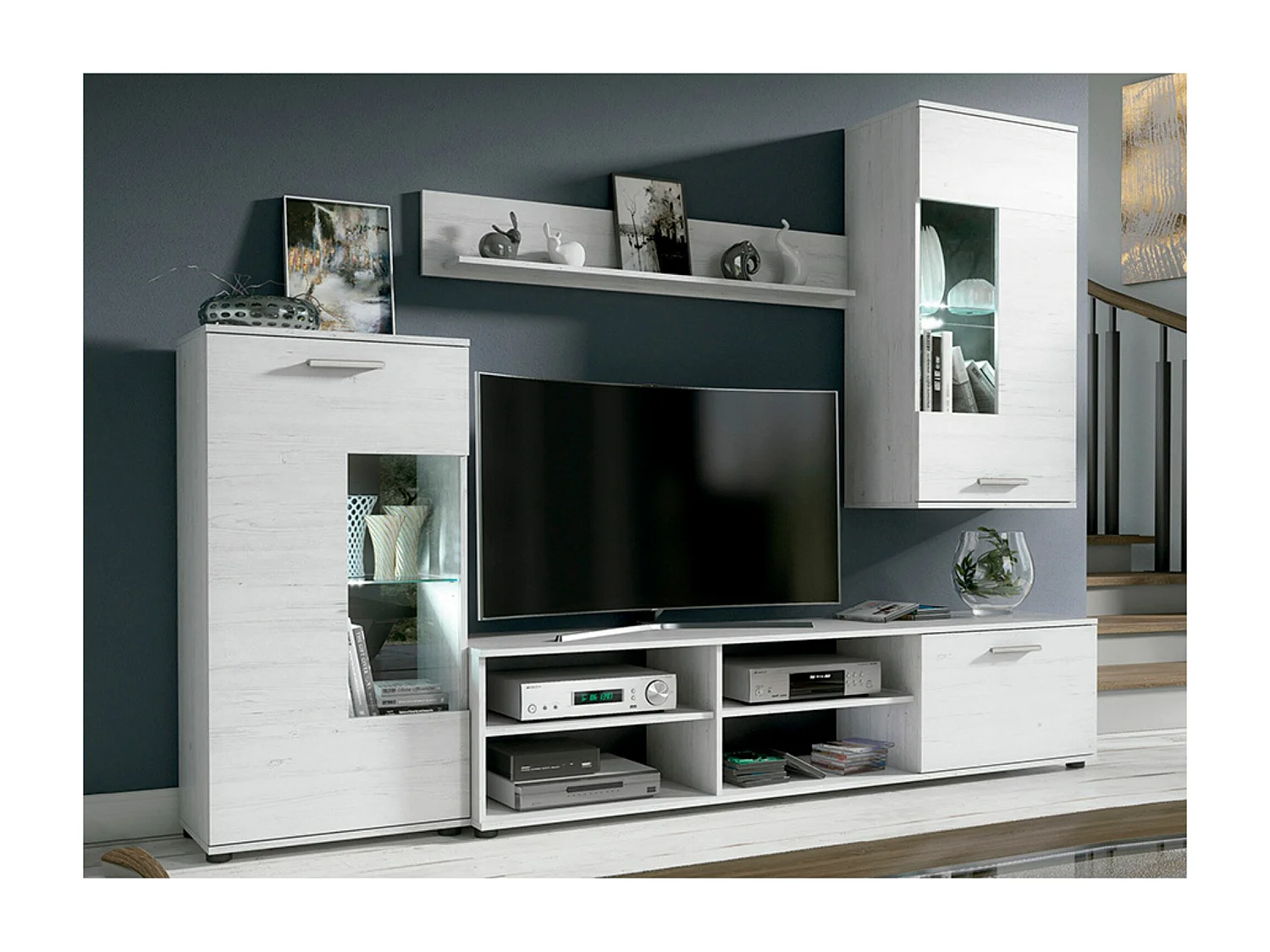 Mueble de Salón Moderno con Leds, Módulos de Comedor, Acabado en Andersen, Medidas: 229 cm (Ancho) x 200 cm (Alto) 38 cm (Fondo) - Meyvaser