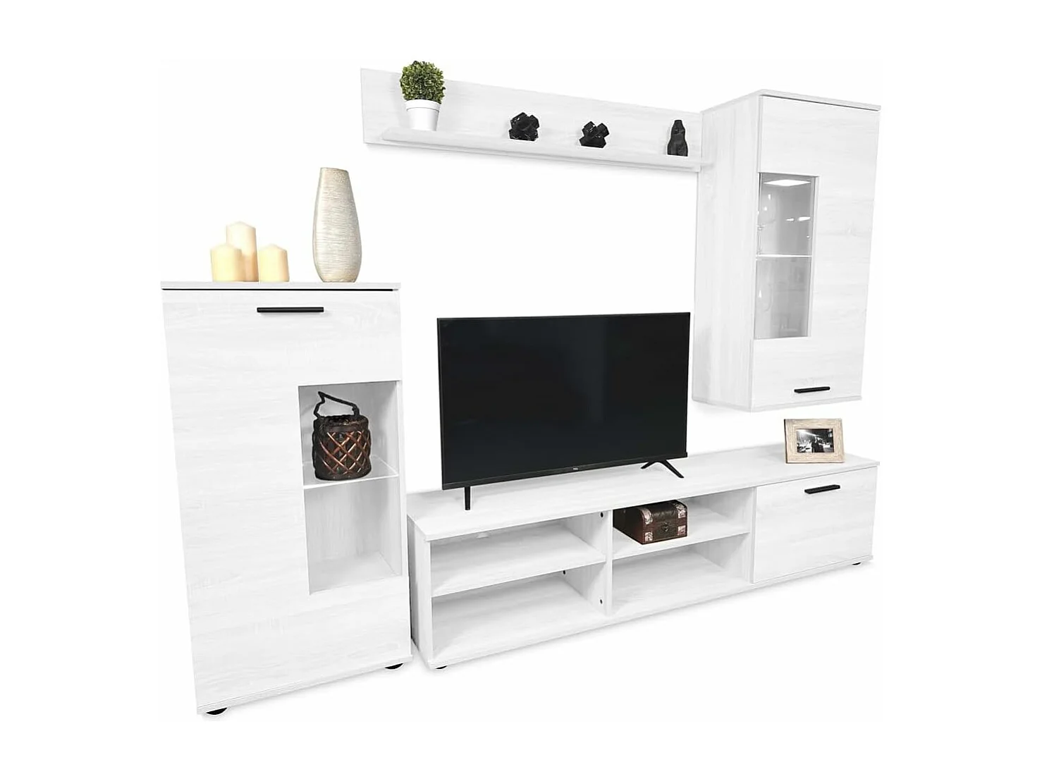 Mueble de Salón Moderno con Leds, Módulos de Comedor, Acabado en Andersen, Medidas: 229 cm (Ancho) x 200 cm (Alto) 38 cm (Fondo) - Meyvaser