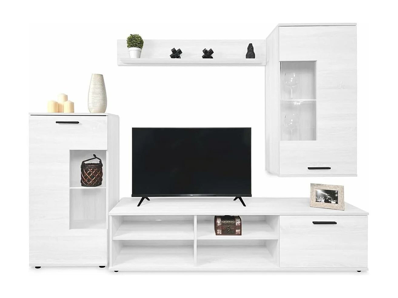 Mueble de Salón Moderno con Leds, Módulos de Comedor, Acabado en Andersen, Medidas: 229 cm (Ancho) x 200 cm (Alto) 38 cm (Fondo) - Meyvaser