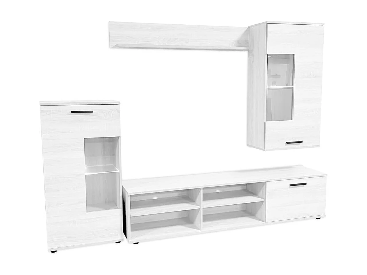 Mueble de Salón Moderno con Leds, Módulos de Comedor, Acabado en Andersen, Medidas: 229 cm (Ancho) x 200 cm (Alto) 38 cm (Fondo) - Meyvaser