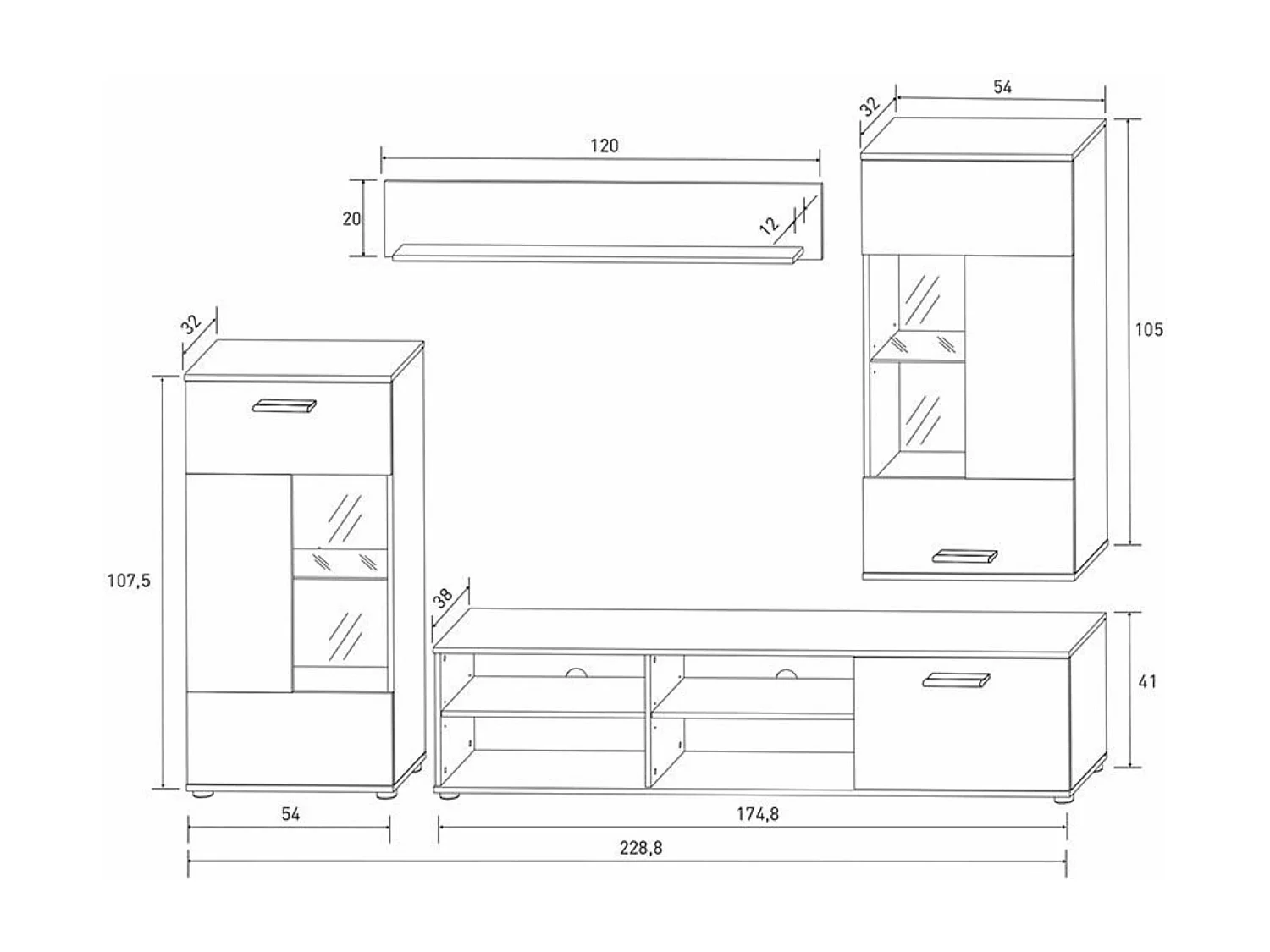 Mueble de Salón Moderno con Leds, Módulos de Comedor, Acabado en Andersen, Medidas: 229 cm (Ancho) x 200 cm (Alto) 38 cm (Fondo) - Meyvaser