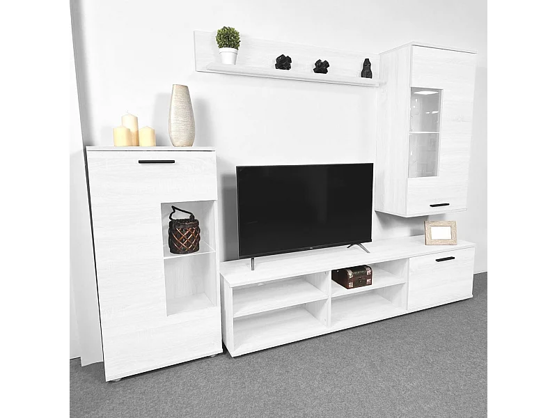 Mueble de Salón Moderno con Leds, Módulos de Comedor, Acabado en Andersen, Medidas: 229 cm (Ancho) x 200 cm (Alto) 38 cm (Fondo) - Meyvaser