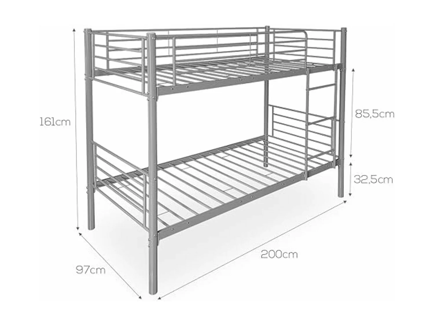 BricoExpo - Litera Metálica Reforzada para Dos personas, Litera Individual,  Acabado en Gris, Medidas: 200 cm (Largo) x 97 cm (Fondo) x 161 cm (Alto)