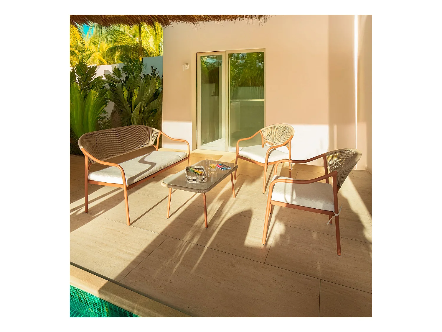 Now's Home - Salon De Jardin En Acier Corail Et Rotin Synthetique