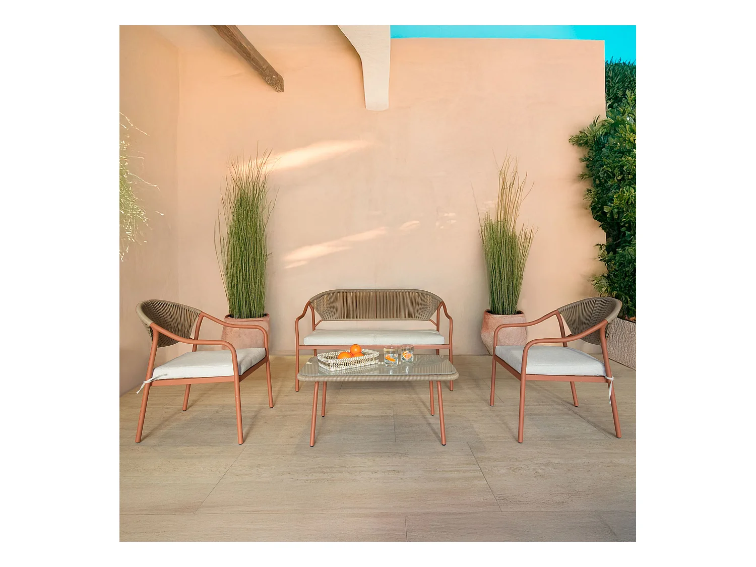 Now's Home - Salon De Jardin En Acier Corail Et Rotin Synthetique