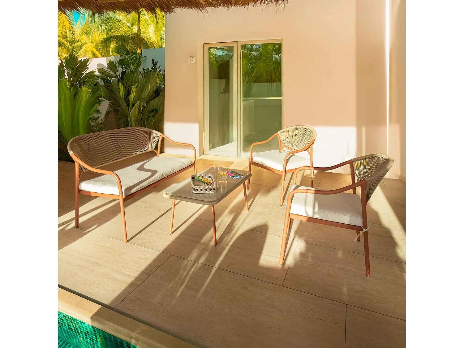 Now's Home - Salon De Jardin En Acier Corail Et Rotin Synthetique