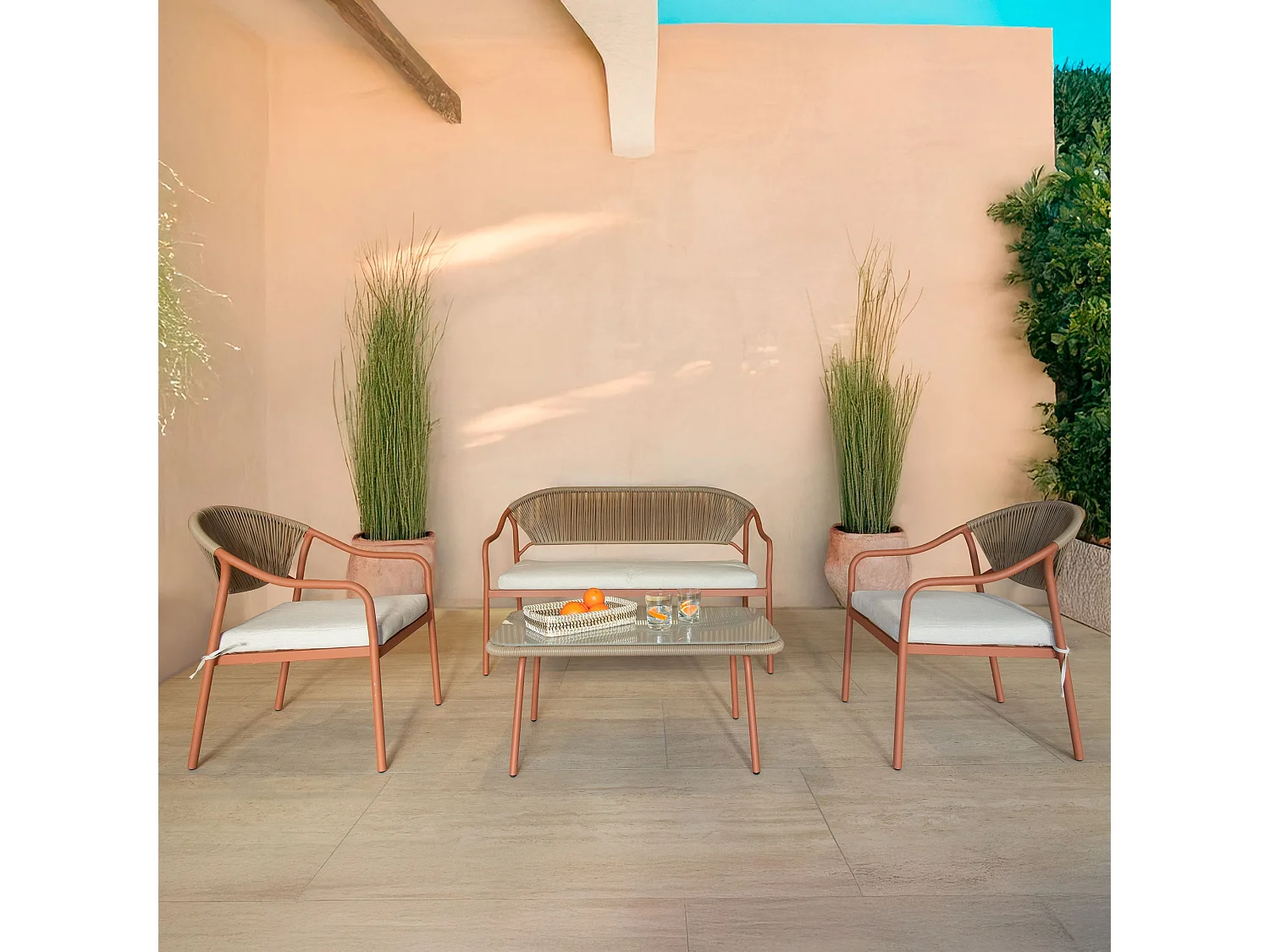 Now's Home - Salon De Jardin En Acier Corail Et Rotin Synthetique