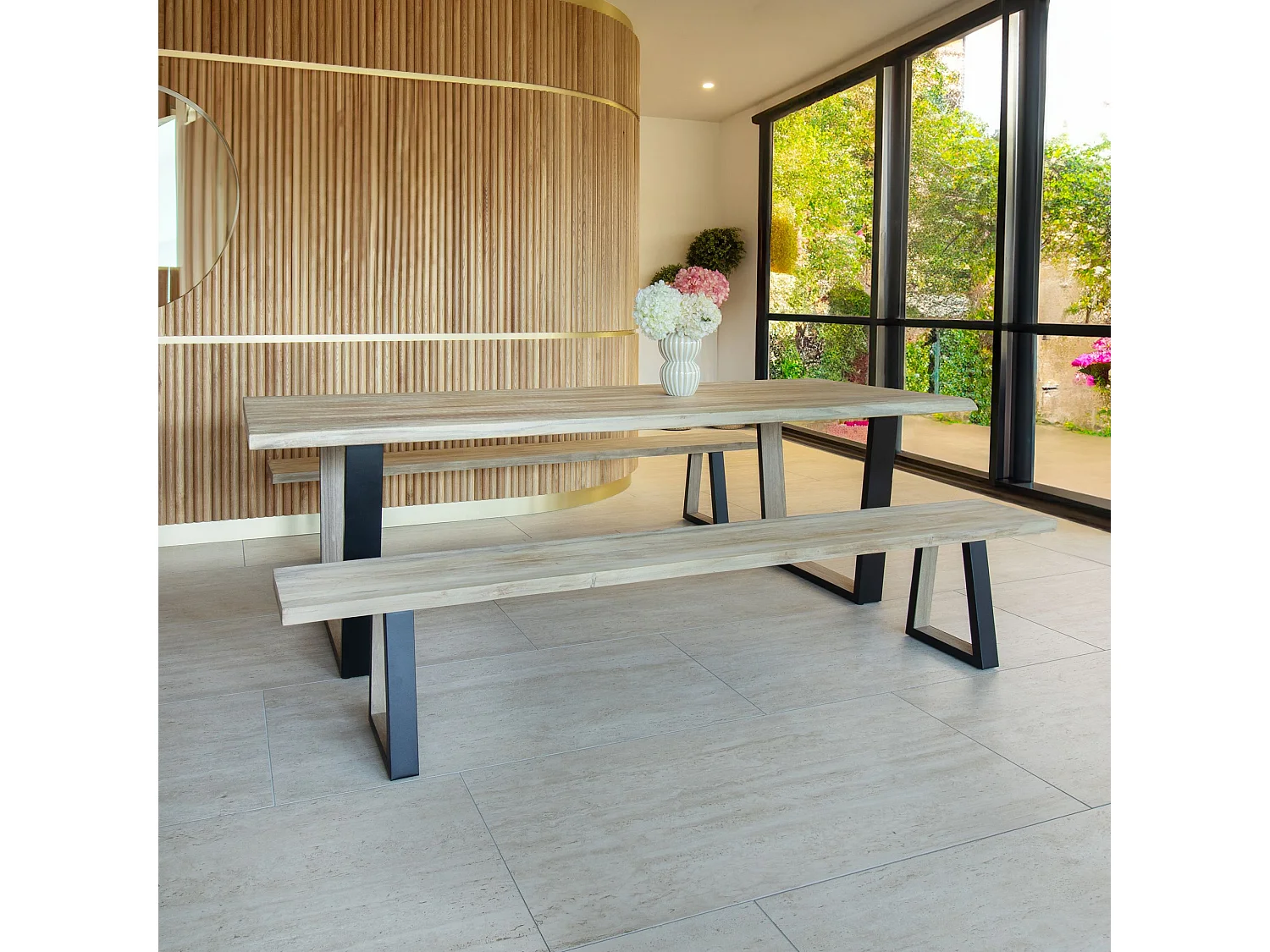 Now's Home - Ensemble Table Et Banc En Bois D'acacia Et Pieds Metal Noir