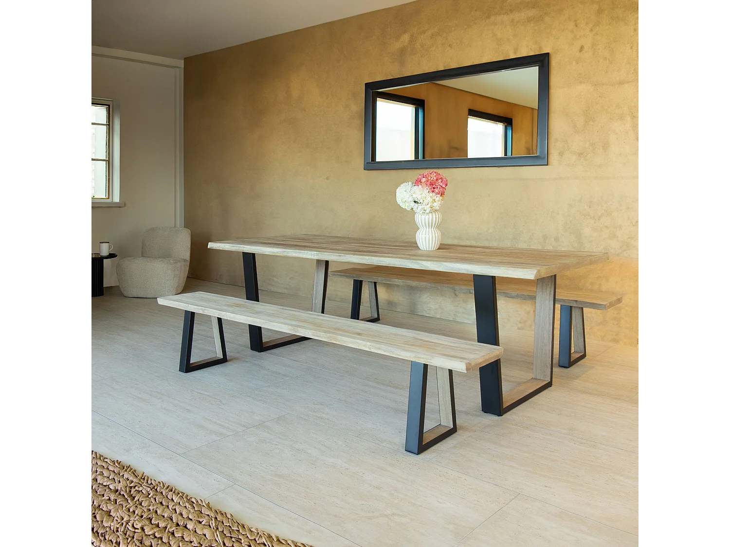 Now's Home - Ensemble Table Et Banc En Bois D'acacia Et Pieds Metal Noir