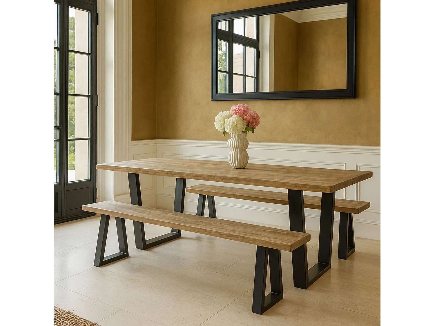 Now's Home - Ensemble Table Et Banc En Bois D'acacia Et Pieds Metal Noir