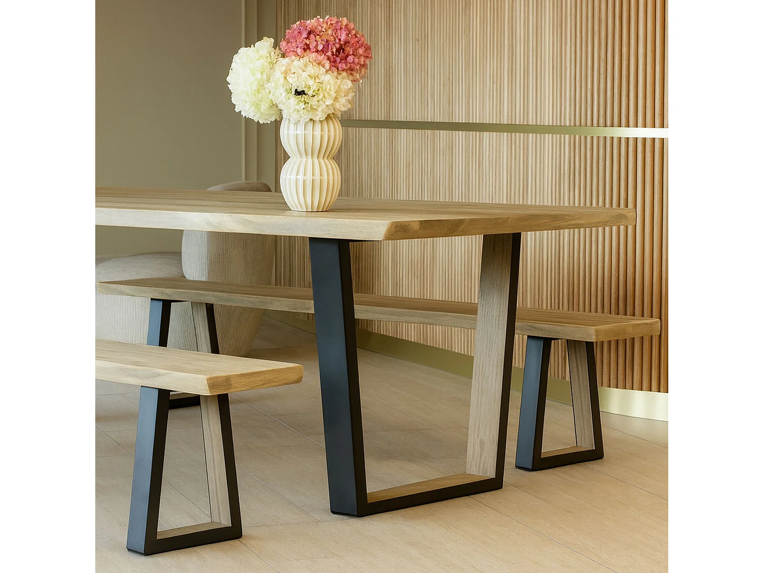 Now's Home - Ensemble Table Et Banc En Bois D'acacia Et Pieds Métal Noir