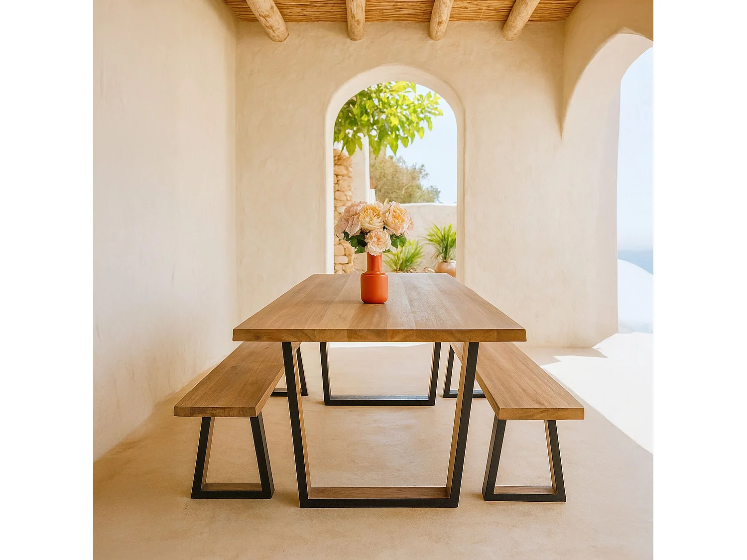 Now's Home - Ensemble Table Et Banc En Bois D'acacia Et Pieds Métal Noir
