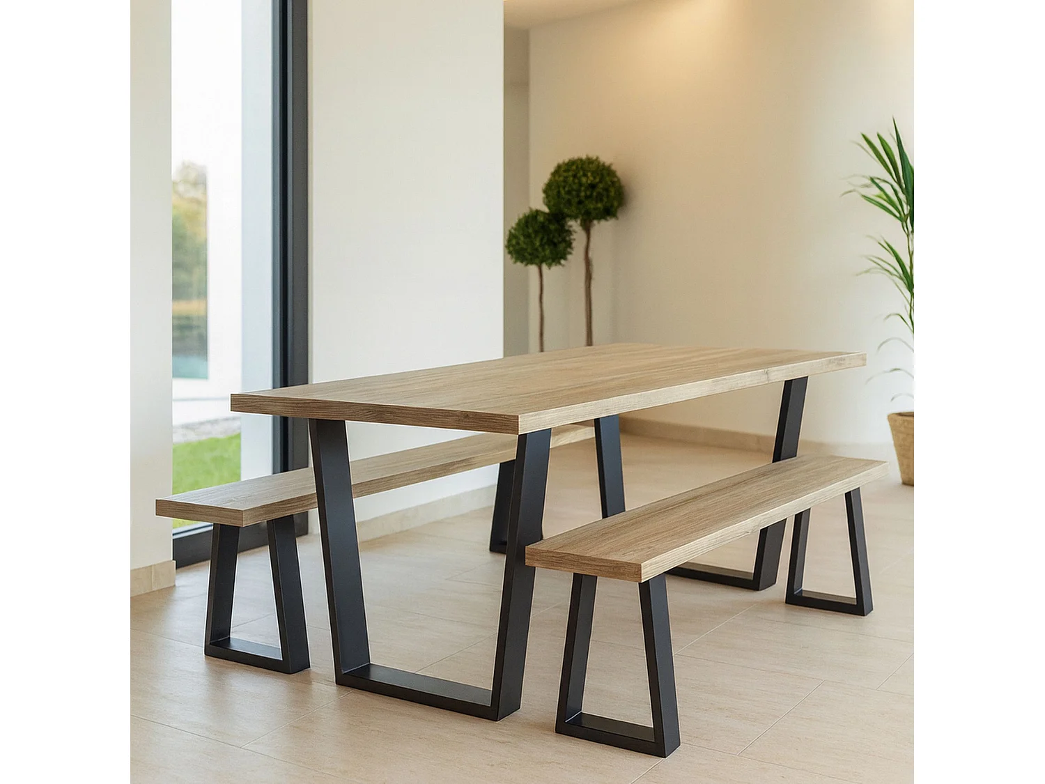 Now's Home - Ensemble Table Et Banc En Bois D'acacia Et Pieds Métal Noir