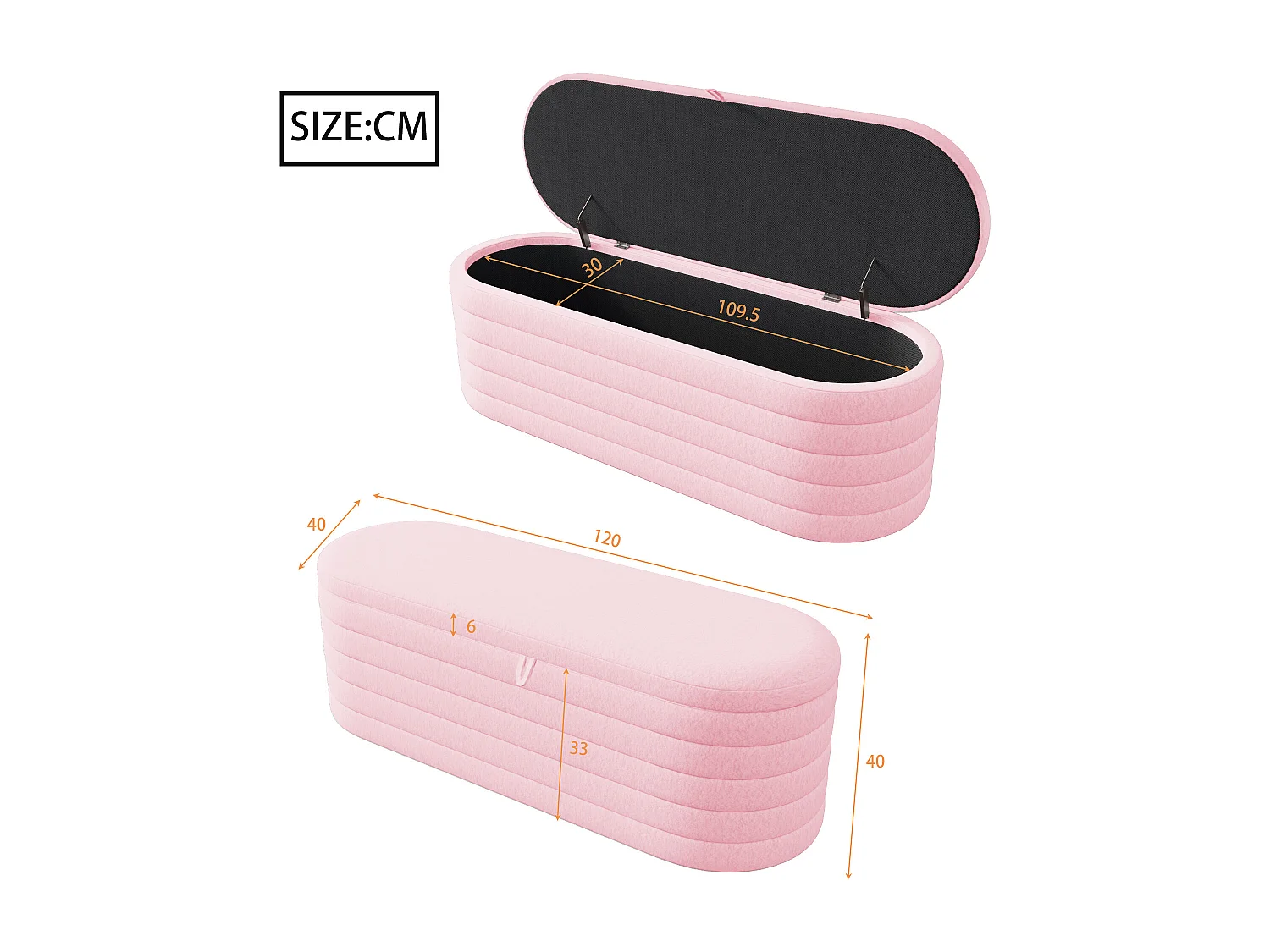 Opbergbank 120x40x40 cm - in pluche stof - Roze