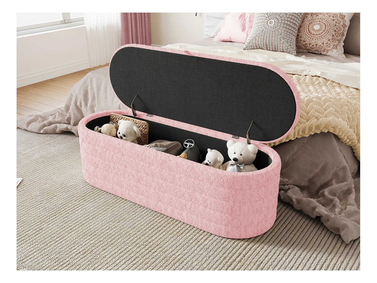 Banc de rangement 120x40x40 cm - en tissu peluche - Rose