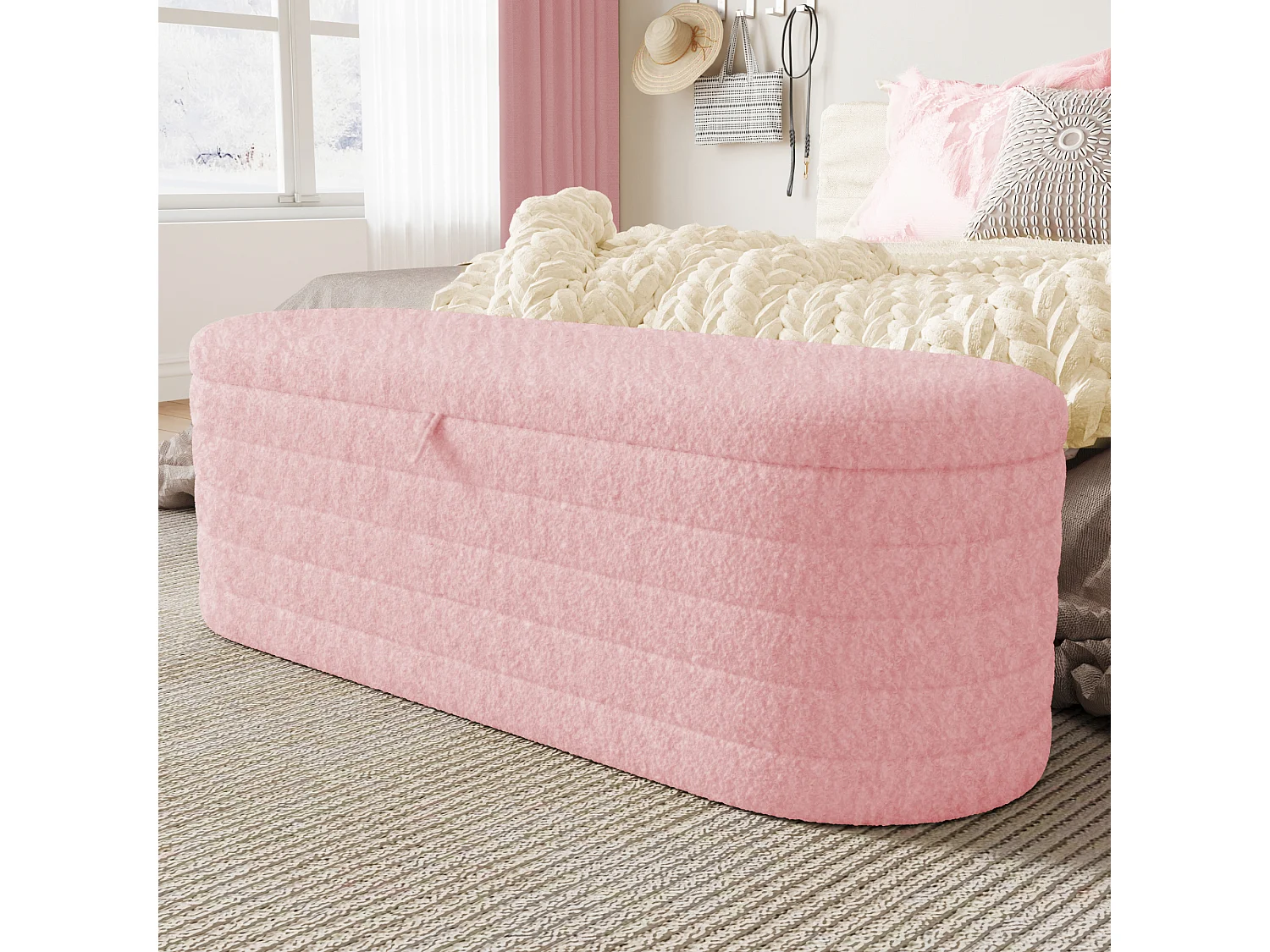 Banc de rangement 120x40x40 cm - en tissu peluche - Rose