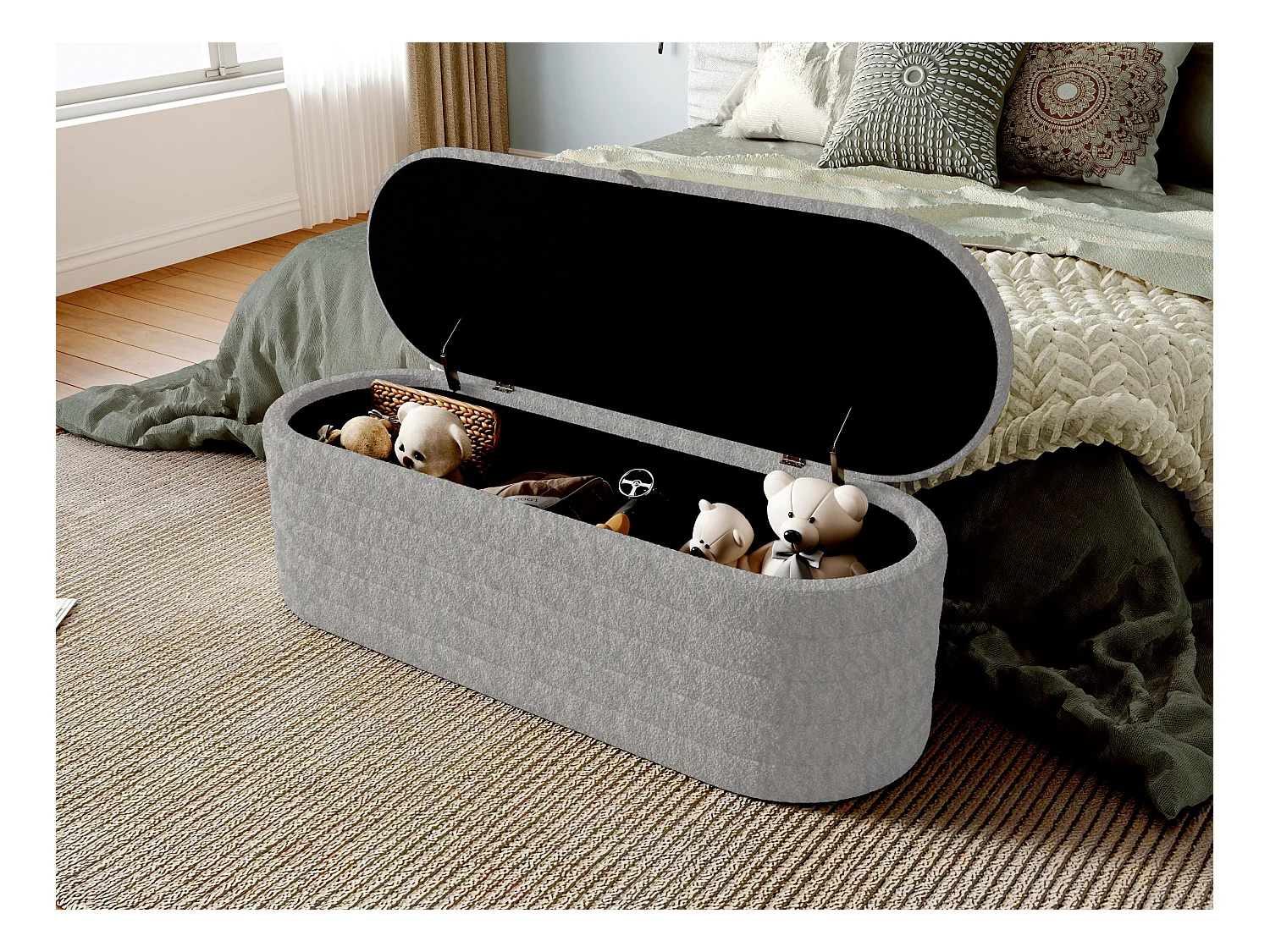 Banc de rangement 120x40x40 cm - en tissu peluche - Gris