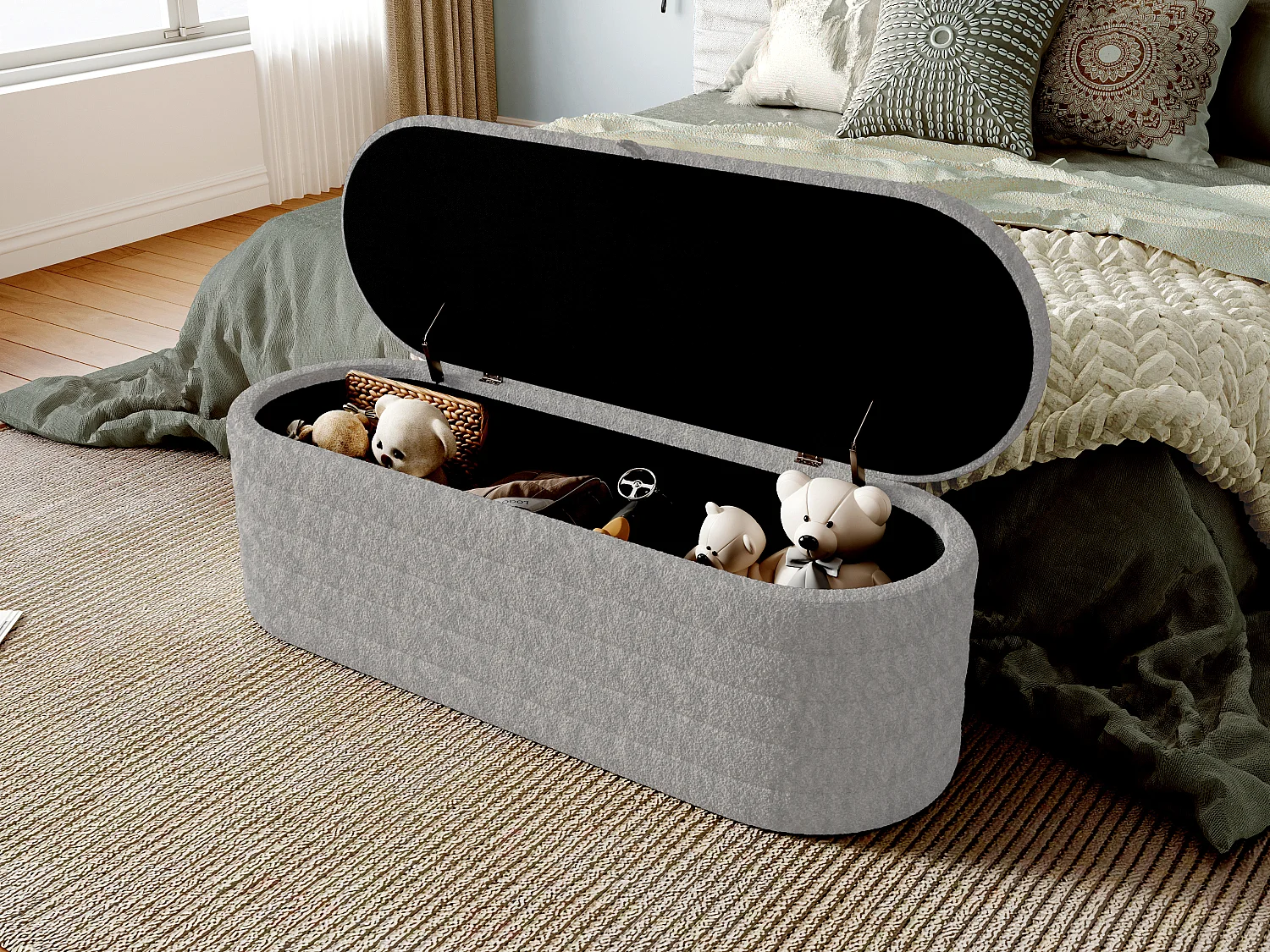 Banc de rangement 120x40x40 cm - en tissu peluche - Gris